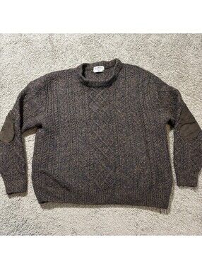 Blarney Woollen Mills Ireland Merino Wool Aran Cable Knit Sweater Suede Patch S